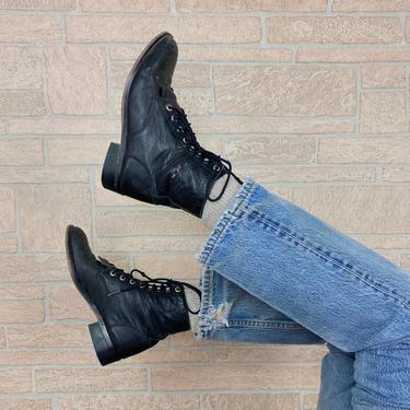 Vintage Black Leather Distressed Justin Lace Up Boots / Women's 5 