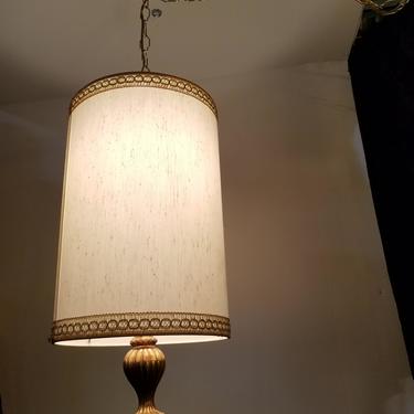 Vintage Brass Swag Light with Embroidered Shade