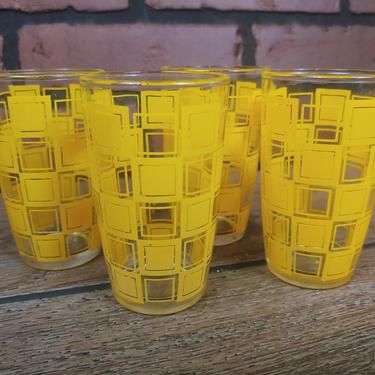 Great Condition Set of 4 Vintage Hazel Atlas Glass Company Yellow Checkered Juice Orange Juice Glasses 
