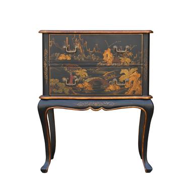 Chinese Oriental Black Gold Lacquer Scenery Graphic Credenza Side Table cs5308S