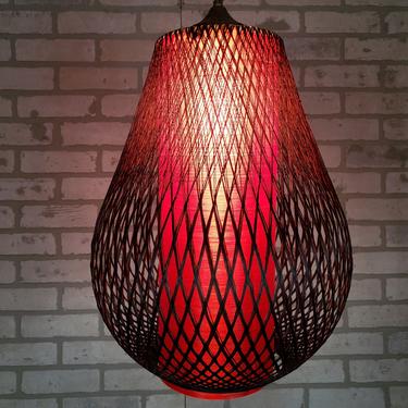 MCM Mid Century Modern Red Lucite Black String Chain Hanging Swag Lamp Light 