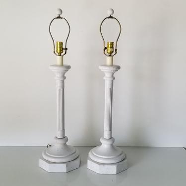 Vintage 1980s Keystone and Rattan White Painted Table Lamps - a Pair. 