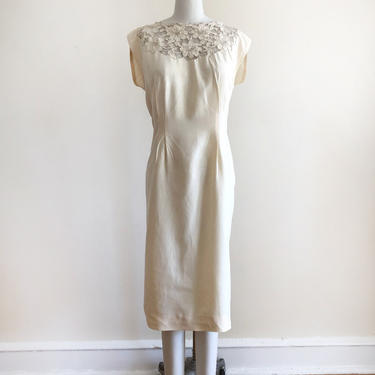 Cream/Ecru Silk Dress with Floral Yoke - 1950s 