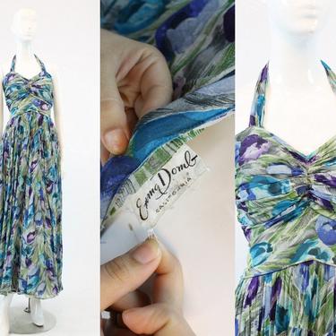1950s Emma Domb silk halter dress medium | vintage floral chiffon gown 