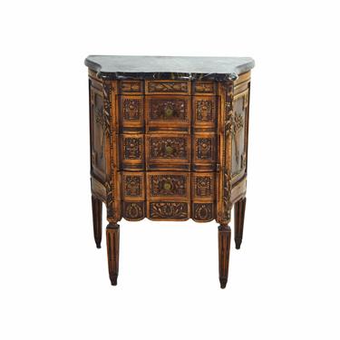 Marble Top Heavily Carved French Style End Table Nightstand Cabinet Chest 