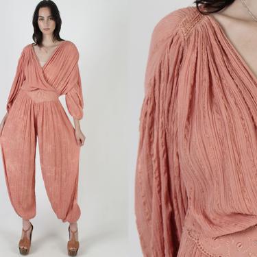 Coral Gauze Jumpsuit / Womens Thin Grecian Wrap Jumpsuit / 70s Thin Harem Airy Cotton / Sheer Festival Beach One Piece Embroidered Playsuit 