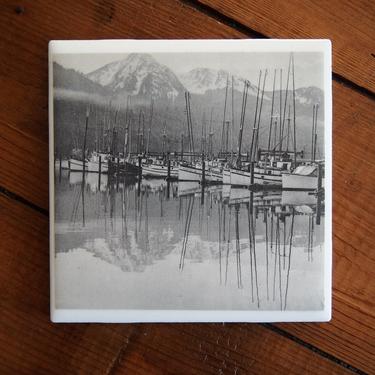 1954 Alaska Vintage Photo Coaster Ceramic. Salmon Fishing Photo. Vintage Travel Photo. Black and White Photography. Alaska Travel Decor. 