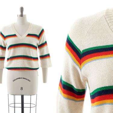 Vintage 1970s Sweater | 70s Rainbow Striped Cream Knit Cotton Acrylic Drawstring Three Quarter Sleeve Retro Pullover Top (small/medium) 