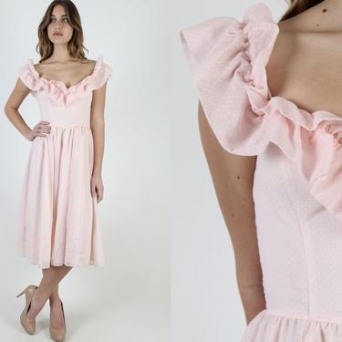 80s Gunne Sax Pink Prom Dress / Vintage Jessica McClintock Wedding Dress / Ruffle Off Shoulder Dress / Swiss Dot Polka Gown Midi Maxi 