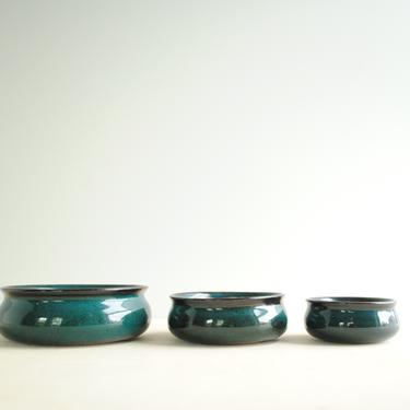Vintage Trio of Green Ceramic Plant Pots, Shallow Ceramic Plant Pots, Indoor Plant Pots 
