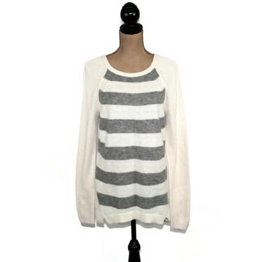 Long Tunic Sweater Women Large, Gray &amp; White Striped Knit Pullover Top from Ann Taylor Loft 