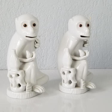 Vintage Blanc De Chine White Porcelain Monkey Sculptures - a Pair 