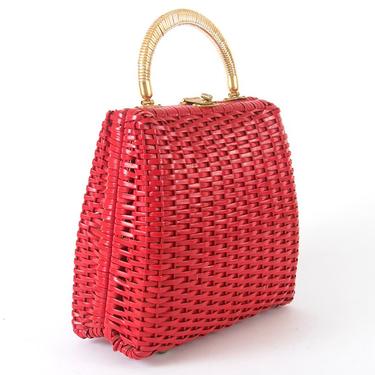 Vintage 1960s Box Purse | 60s Red Woven Wicker Handbag Straw Basket Purse 