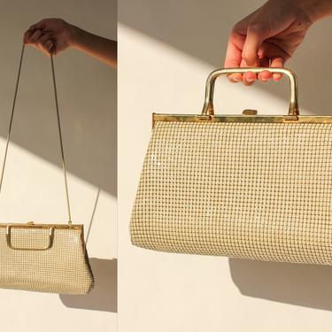Vintage 1980s GC White Chainmail Mesh and Gold Handle Snap Clasp Shoulder Bag | Art Deco, Evening Bag | 1980s Designer Silk Lined Purse 