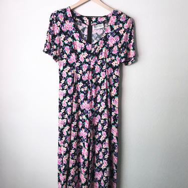 61) VINTAGE 80s 90s black and pink floral short sleeve jumpsuit one piece rampage grunge 