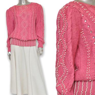 Vintage Pink knit Sweater with Pearl Beads 80’s Pullover Beaded Sweater 