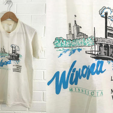 Vintage T-Shirt 80s Winona Minnesota La Crosse Reno Nashville Winnipeg 1980s Short Sleeve White Blue Hipster Retro Screen Stars Medium Large 