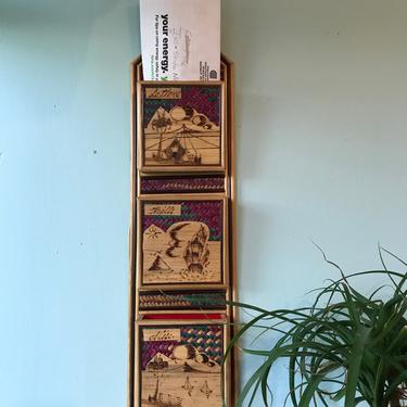 Three tier wall Mount boho letter holder colorful wicker with burnished bamboo 