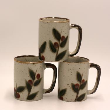 vintage speckled stoneware mugs with an olive branch/set of three/coffee mugs 