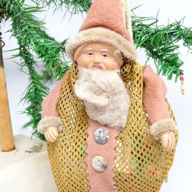 Vintage  Santa Candy Container Christmas Net Bag Ornament, Hand Painted Face, Cotton Beard 