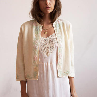 1950s angora and wool floral beaded cardigan 
