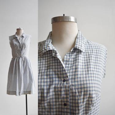Vintage Blue &amp; White Plaid Cotton Shirt Dress 