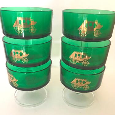 Vintage (6) Arcoroc France  'Cavalier' Sherbet  Cordial Glasses set Emerald  Green with Clear  Stem and Gold Stage coach design 