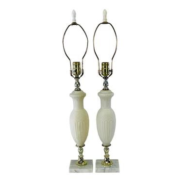Vintage 1960s Frosted White Glass Table Lamps with Marble Bases, Pair