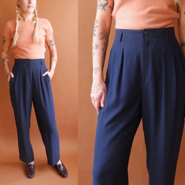 Vintage 80s Navy Blue Trousers/ 1980s High Waisted Straight Leg Pants/ Size 27 