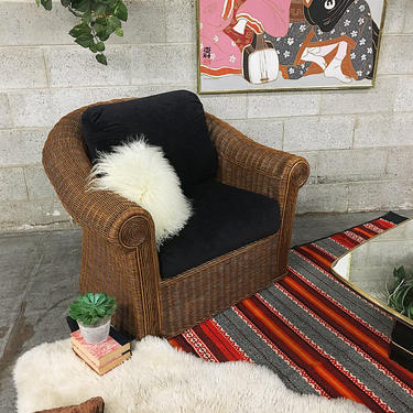 LOCAL PICKUP ONLY Vintage Wicker Chair 1990s Brown Frame with Black Micro Fiber Cushions Woven Wicker Chair for Indoor or Outdoor Use 