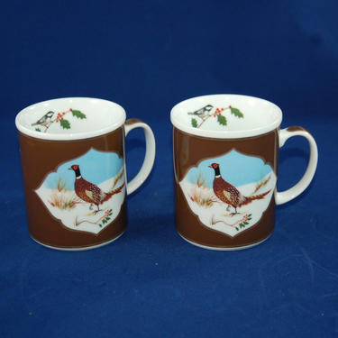 Pair (2) Lynn Chase Winter Game Bird Mug in Chestnut Brown ~ Two Sided Designs of Quail &amp; Pheasant~ 1988 ~ Discontinued ~ Excellent Like New 