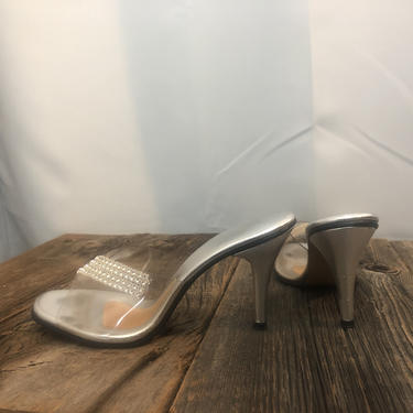 1950s Polly of California silver rhinestone and clear vinyl mules pinup pumps 7 