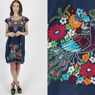 Vintage Navy Blue Mexican Peacock Tank Dress Traditional Floral Embroidered Bird Shift Coverup Mini Dress 