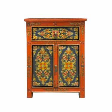 Tibetan Oriental Black Orange Floral End Table Nightstand cs6941E 