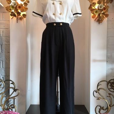 1980s rayon jumpsuit, vintage 80s jumpsuit, black and white, sailor style jumpsuit, vintage pantsuit, 1980s pantsuit 