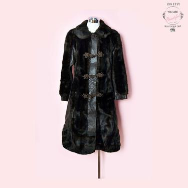 60's Brown Faux Fur Leather Vintage Coat, Mink Fur, 1960's Dark Brown Hippie, Boho, Mod, Size 6 Medium, Dark Brown Overcoat Jacket 