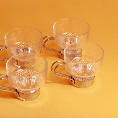 Set of 4 Vintage 90s Clear Glass Small Silver Handle Espresso Cups Set 