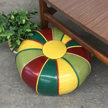 Vintage Pouf Retro 1970s Mid Century Modern + Ottoman + Round + Vinyl + Multi Color + Striped + Floor Seating + Home Decor and Furniture 