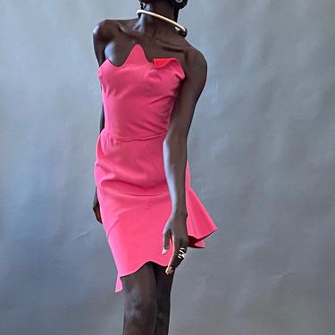 Vintage Thierry Mugler Dress hot pink avant garde scalloped one shoulder pink cocktail dress Thierry Mugler structured dress size small 