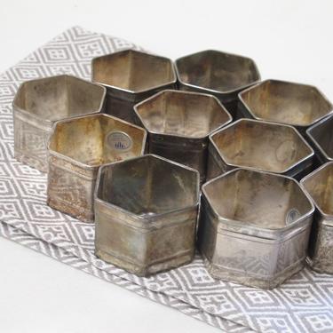 Silver Plate Napkin Rings Hong Kong Silver on Brass Vintage Cloth Napkin Ring Set 12 Boho Cloth PatinaZ Tarnished Silver Plate Dining 