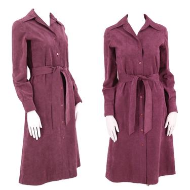 70s HALSTON ultra suede trench coat dress M / vintage 1970s dusky purple Iconic original designer tie dress 