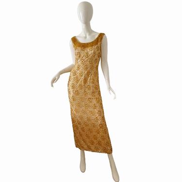 60s Beaded Gold Dress / Vintage Sequin Metallic Dress XS / 1960s Glitter Mesh Gown 