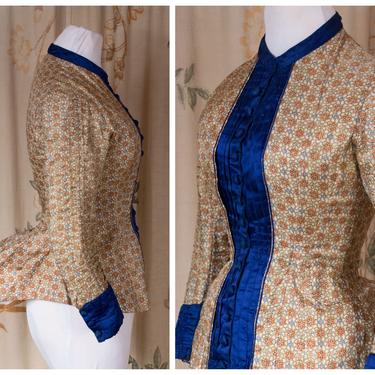 1870s Bodice - Striking c. 1875 Printed Silk Bodice with Striking Cobalt Contrast, Bustle Era,  with Eight Covered Stays 