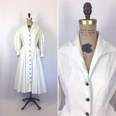 Vintage 50s dress | Vintage white cotton long sleeve day dress | 1950s Full skirt shirtwaist dress 