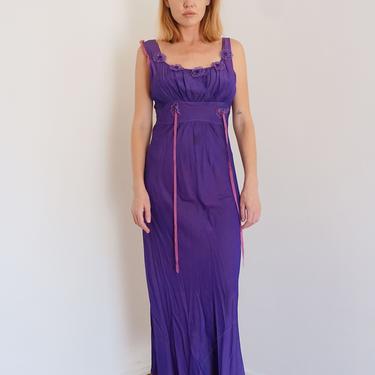 1930s Deep Purple Rayon Slip Dress with Floral Appliqué and Low Back 30s Antique XS S M 