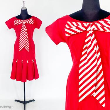 1950s Red Cotton Sundress | 50s Red & White Stripe Day Dress | XS 