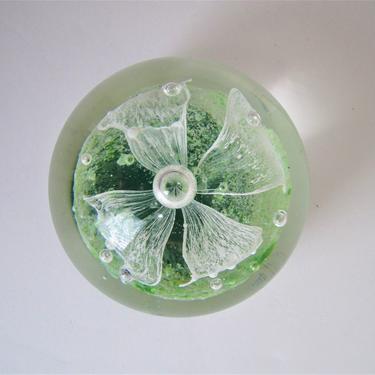 Controlled Bubble Green White Glass Paperweight 