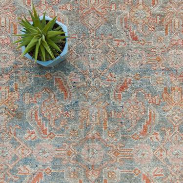 Vintage 3’ x 4’6” Small Rug Hand Knotted Botanical Allover Pumpkin Blue Ivory Wool Pile Rug 1930s - FREE DOMESTIC SHIPPING 
