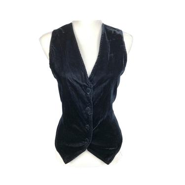 Vintage Clothing Black Velvet Like Vest Button Up, V Neck Vest Barrie Stephens Size Small, Adjustable Back Tie 