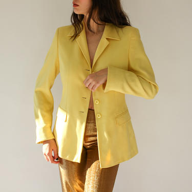 Vintage 90s Does 40s Escada Lemon Yellow Broad Shoulder Blazer | Silk, New Wool Blend | 1990s Escada Designer Retro Collar Lapel Jacket 